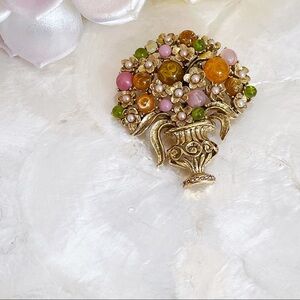 Oscar De La Renta Floral Cabochon Brooch Vintage